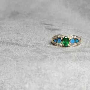 GORGEOUS 14K Yellow Gold Emerald & Inlay Opal w/Diamond Accents Ring
